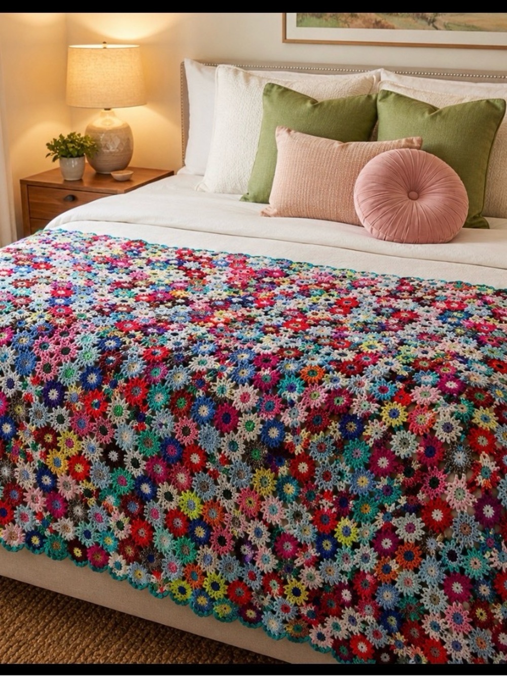 Handmade Multicolor Mae's Flower Garden Afghan 71”x69”